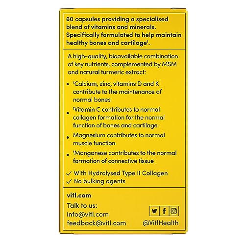 Vitl Bone & Joint Supplement - 60 Capsules - with Calcium, Manganese, Hydrolysed Type II Collagen & Turmeric - Maintenance for Joints, Bones VITL uk supplements