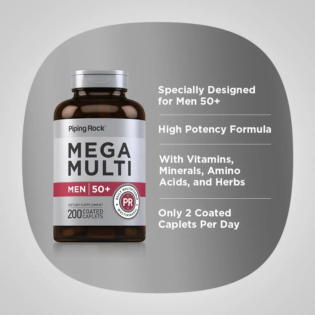 Piping Rock Multivitamin for Men Over 50+ | 200 Caplets | Mega 50 Plus Daily Multimineral | with Magnesium, Calcium, Zinc | Piping Rock uk supplements