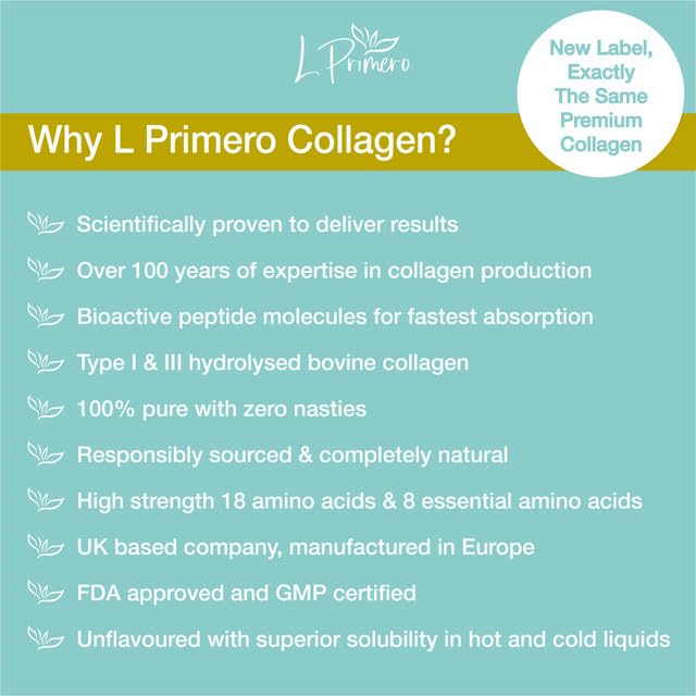 L Primero Collagen Peptides Powder 400g, Hydrolysed Unflavoured, Grass-Fed Bovine Bioactive Protein, Highly absorbable 18 Amino Acids, Keto L Primero uk supplements