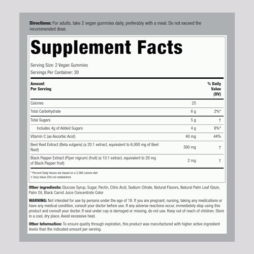 Beet Root Gummies | 60 Count | with Nitrates and Black Pepper Extract | Nitric Oxide Piping Rock uk supplements