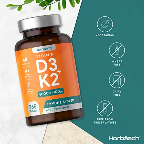 Vitamin D3 K2 High Strength Tablets | 365 Count | Vitamin D3 4000iu and Vitamin K2 MK7 Horbäach uk supplements