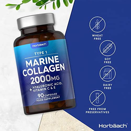 Marine Collagen Capsules | with Hyaluronic Acid, Vitamin C & E | 2000mg | High Strength Type 1 Collagen Horbäach uk supplements