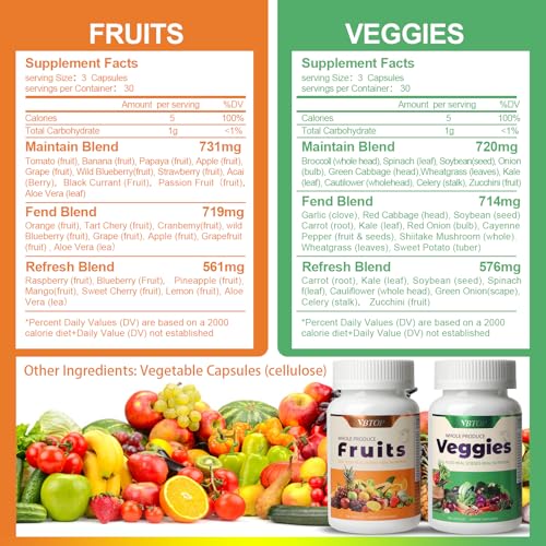 VBTOP Fruit & Vegetable Supplement - Natural Ingredients - 2 Bottles - 180 Capsules Total | A Blend of 20+19 Natural Whole Fruits & Vegetables, a Fresh superfood Formula Rich in Vitamins and Minerals VBTOP uk supplements
