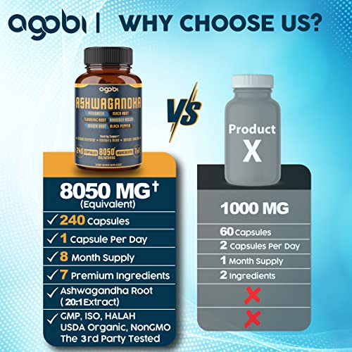 240 Capsules - 8 Month Supply - 7in1 Ashwagandha 8050mg - Combined With Fenugreek agobi uk supplements