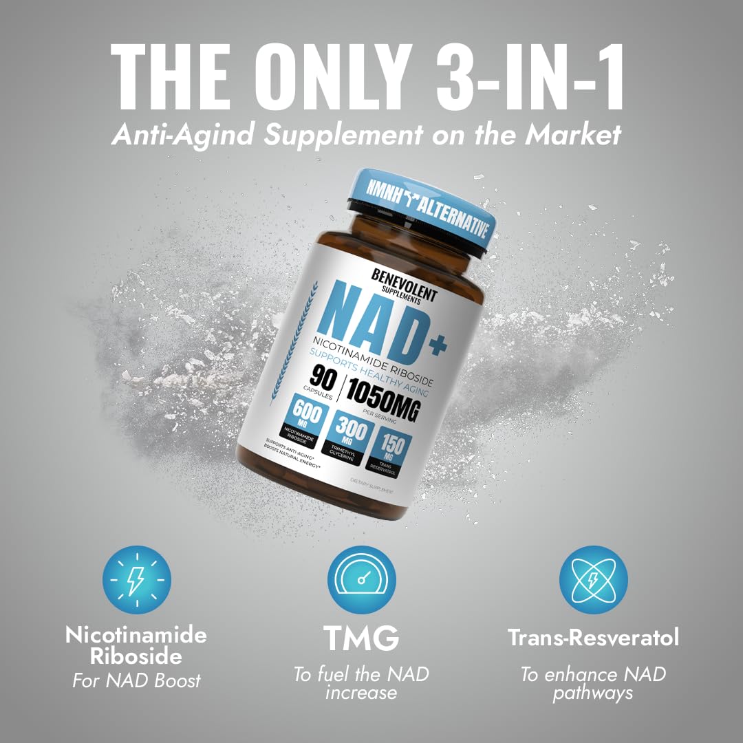 Benevolent NAD+ Supplement 1050mg, Max Absorption 3in1 NAD Supplements for Women & Men with Nicotinamide Riboside, Trans-Resveratrol & TMG, NAD Plus for Cellular Energy, Brain Support & Aging, 90 Caps Benevolent Nourishment uk supplements