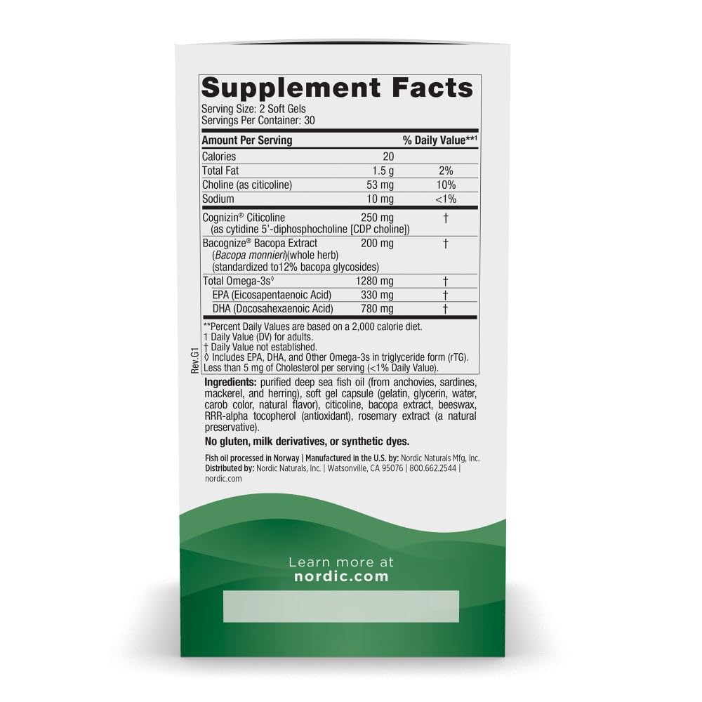 Nordic Naturals Omega Focus, Lemon - 60 Soft Gels - 1280 mg Omega-3 + Citicoline & Bacopa Monnieri Extract - Focus, Attention, Memory, Brain Health - Non-GMO - 30 Servings Nordic Naturals uk supplements