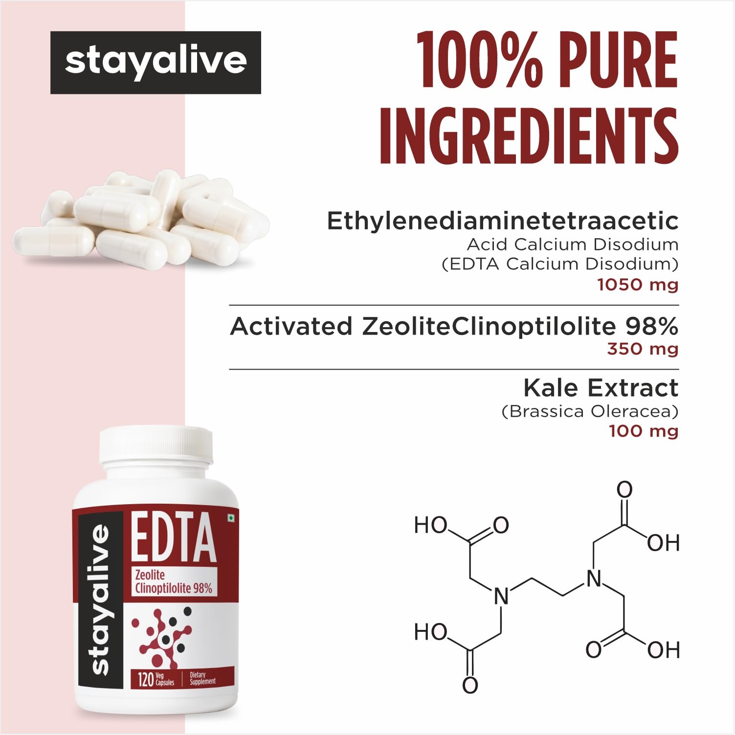 STAY ALIVE EDTA Capsules 1500mg with Zeolite 98% and Kale Extract Powder, 120 Pills, Non-GMO & Gluten Free Calcium Disodium EDTA Supplement STAY ALIVE uk supplements