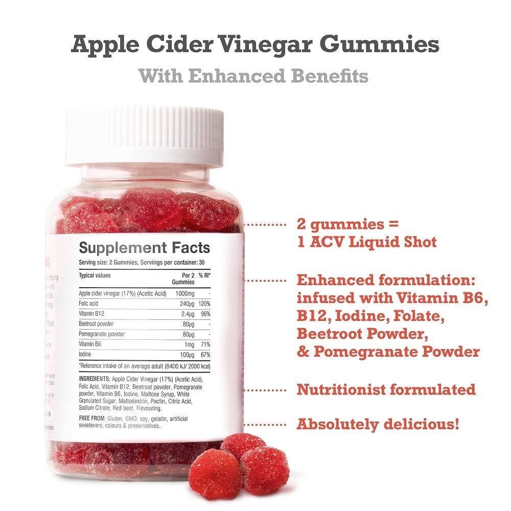 Apple Cider Vinegar Gummies with The Mother 1000mg Enhanced with Vitamin B12 & Folic Free Soul uk supplements
