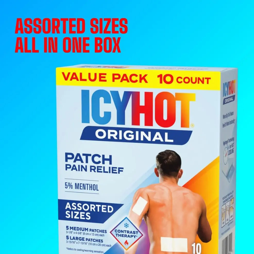 Icy Hot Original Pain Relief Patch Variety Pack with 5% Cooling Menthol for Fast-Acting Muscle and Joint Pain Relief, 5 Medium and 5 Large Comfortable Fabric Patches, 10 Ct., 2 pk Icy Hot uk supplements