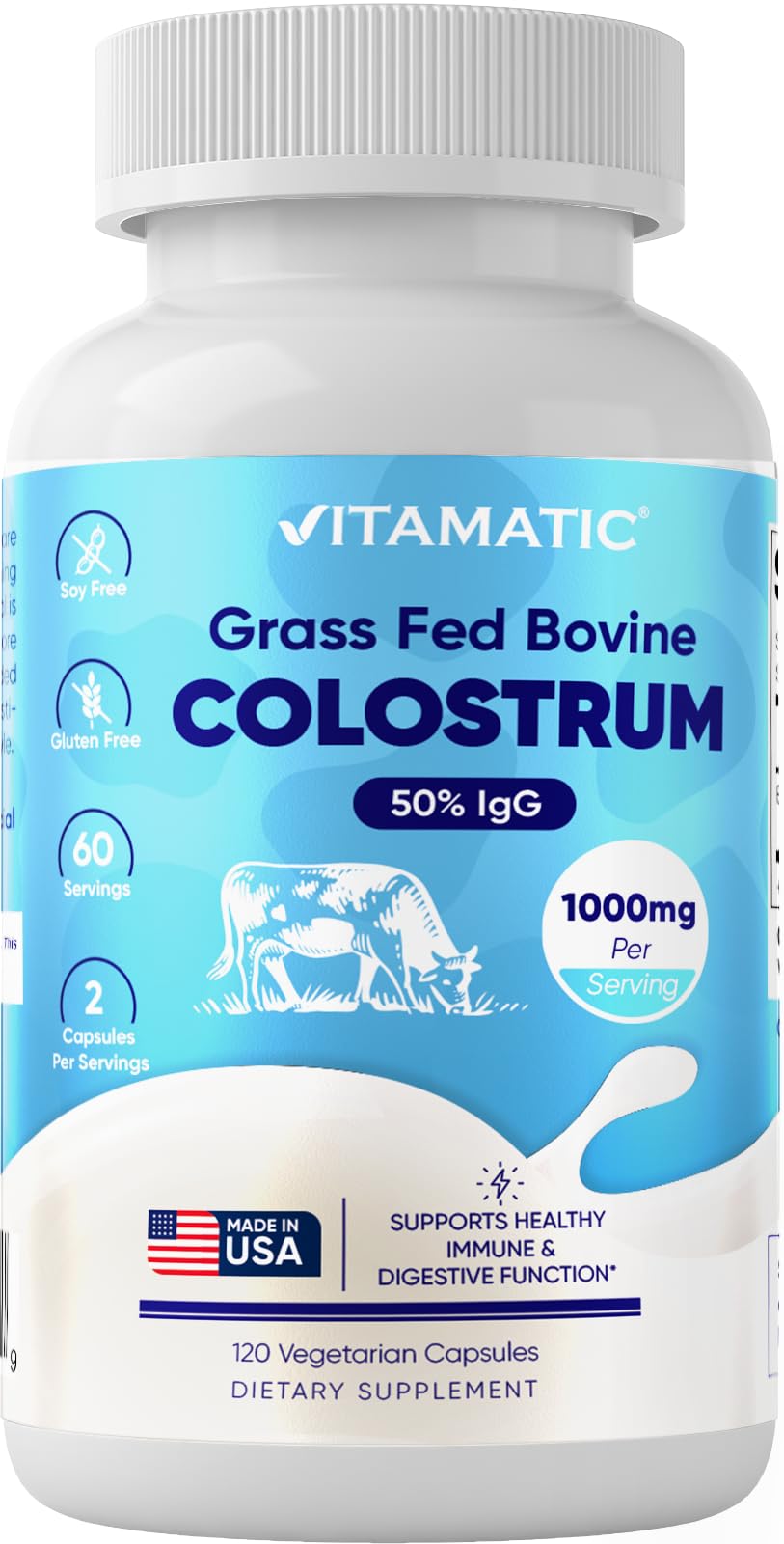 Vitamatic Bovine Colostrum Supplement 1000 mg per Serving - 50% Highest IgG - Supplement for Gut Health, Hair Growth, Beauty, Muscle Recovery, & Immune Support - 120 Capsules Vitamatic uk supplements