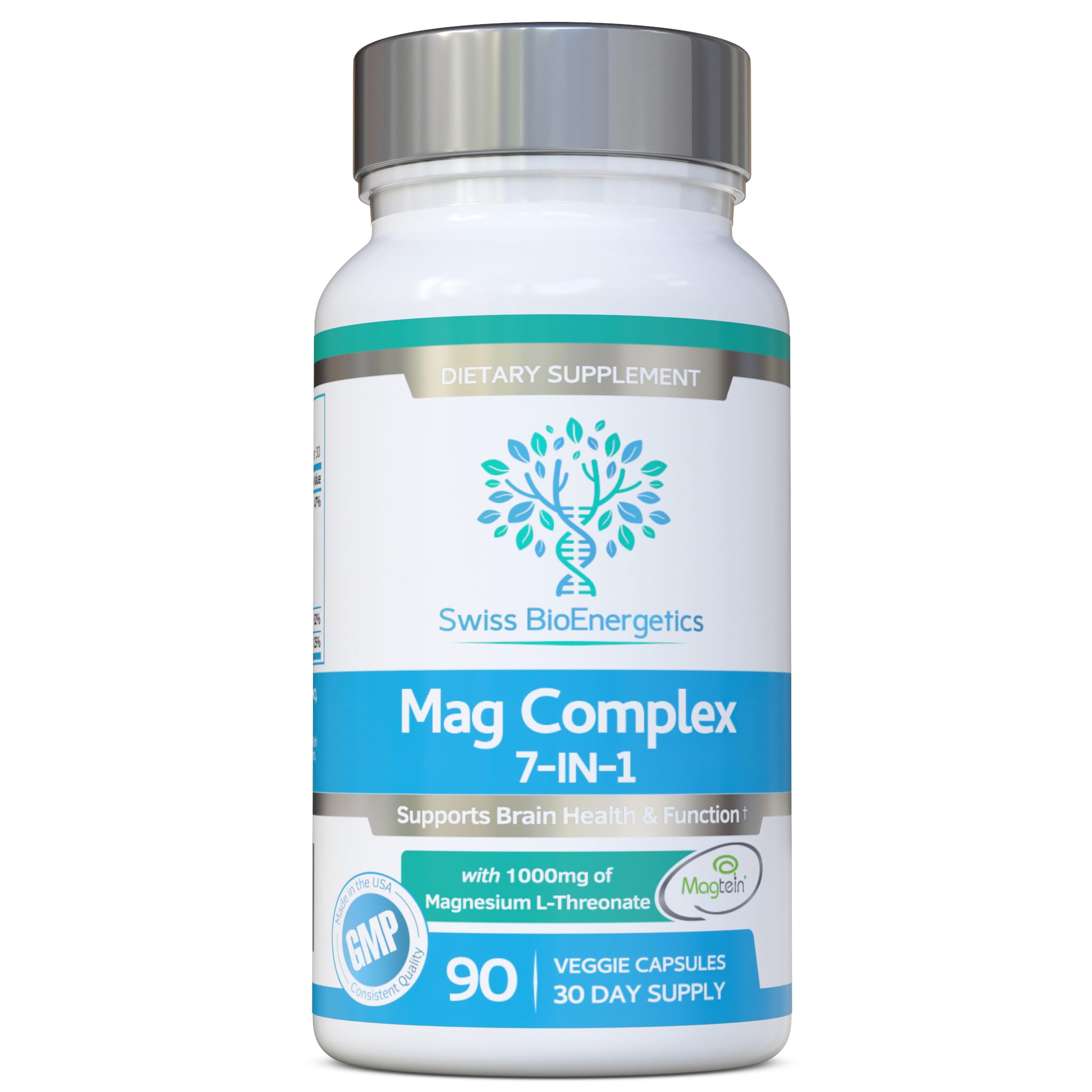 Magnesium L-Threonate Complex 7-in-1 with 1000mg of Magtein Plus Magnesium as Bisglycinate, Taurate, Citrate, Gluconate, Malate & Lactate - Supports Sleep - Vegan, US Made and No Artificial Nasties swiss bioenergetics uk supplements