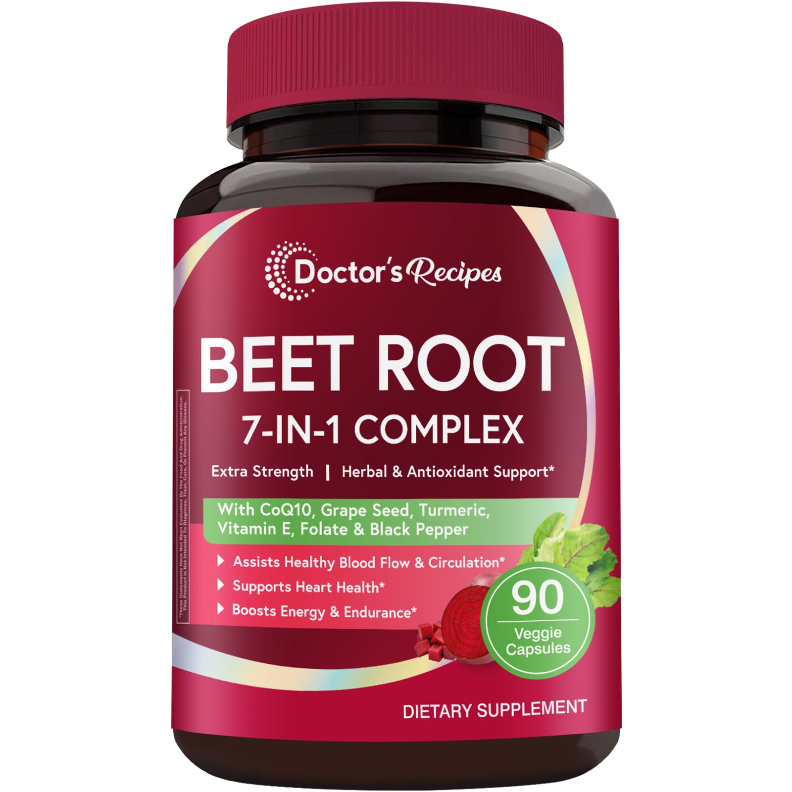 Doctor's Recipes Beet Root Capsules, 20:1 Extract with Grape Seed, CoQ10, Turmeric, Black Pepper for Enhanced Absorption, Supports Heart, Circulation, Energy & Nitric Oxide, Non-GMO, 90 Veg Caps Doctor's Recipes uk supplements