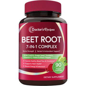 Doctor's Recipes Beet Root Capsules, 20:1 Extract with Grape Seed, CoQ10, Turmeric, Black Pepper for Enhanced Absorption, Supports Heart, Circulation, Energy & Nitric Oxide, Non-GMO, 90 Veg Caps Doctor's Recipes uk supplements
