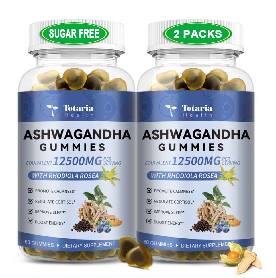 (2 Packs) Sugar Free Ashwagandha Filled Gummies w/Vitamin D3, Magnesium Glycinate, Rhodiola, Ultra Strength Ashwa Root Supplements for Women & Wen, for Relaxation, Energy, Cortisol Gummies Totaria uk supplements