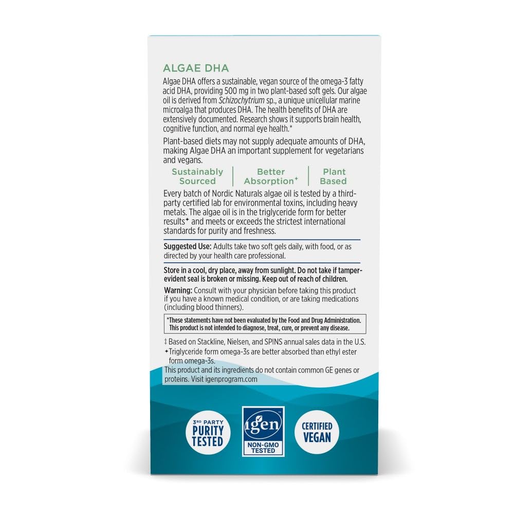 Nordic Naturals Algae DHA - 60 Soft Gels - 500 mg Omega-3 DHA - Certified Vegan Algae Oil - Plant-Based DHA - Brain, Eye & Nervous System Support - Non-GMO - 30 Servings Nordic Naturals uk supplements