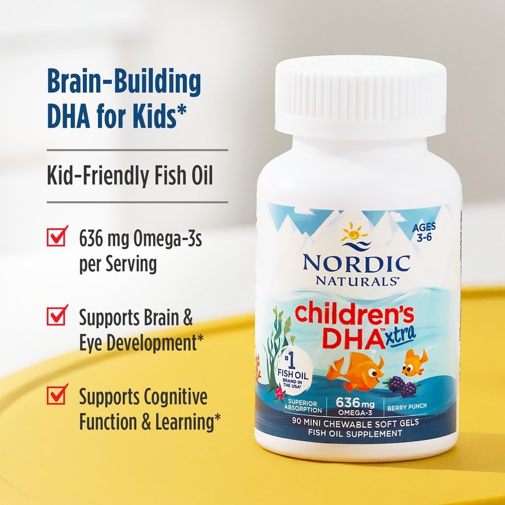 Nordic Naturals Children’s DHA Xtra, Berry Punch - 90 Mini Chewable Soft Gels for Kids - 636 mg Omega-3s EPA & DHA - Cognitive & Immune Function, Learning, Social Development - Non-GMO - 30 Servings Nordic Naturals uk supplements