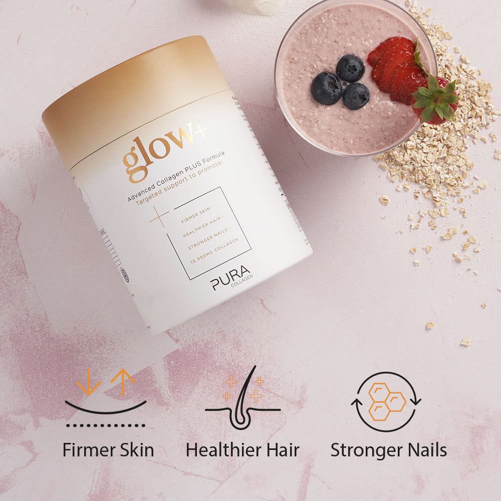 Pura Collagen Powdered Supplement Glow+, 10,000mg Hydrolysed Peptides, Hyaluronic Acid, Vitamins & Minerals, 28 Servings, 284 g Pura Collagen uk supplements