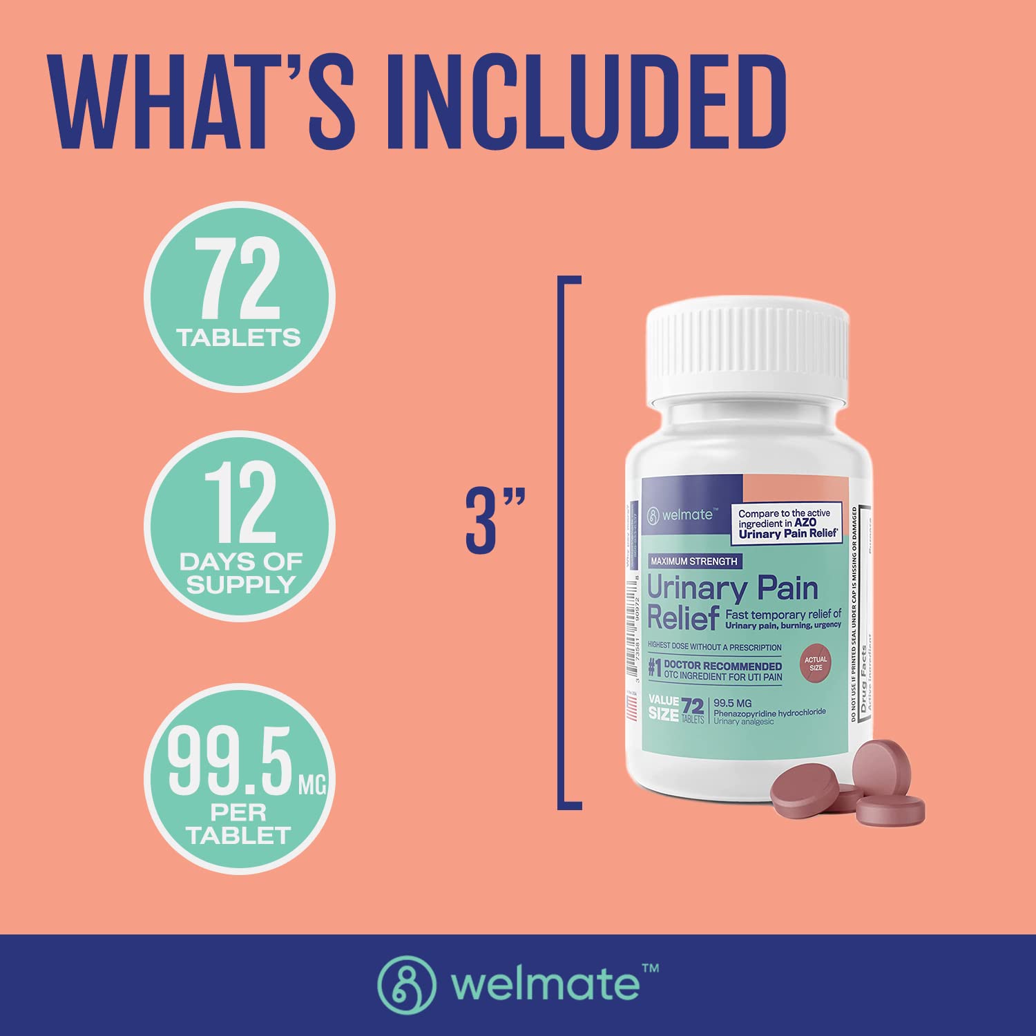 WELMATE Urinary Pain UTI Relief Maximum Strength (Phenazopyridine HCL) - Improve Urinary Tract Health & Bladder Control, Urgency, & Discomfort | Over-The-Counter Medication for Men & Women (72 Pills) WELMATE uk supplements