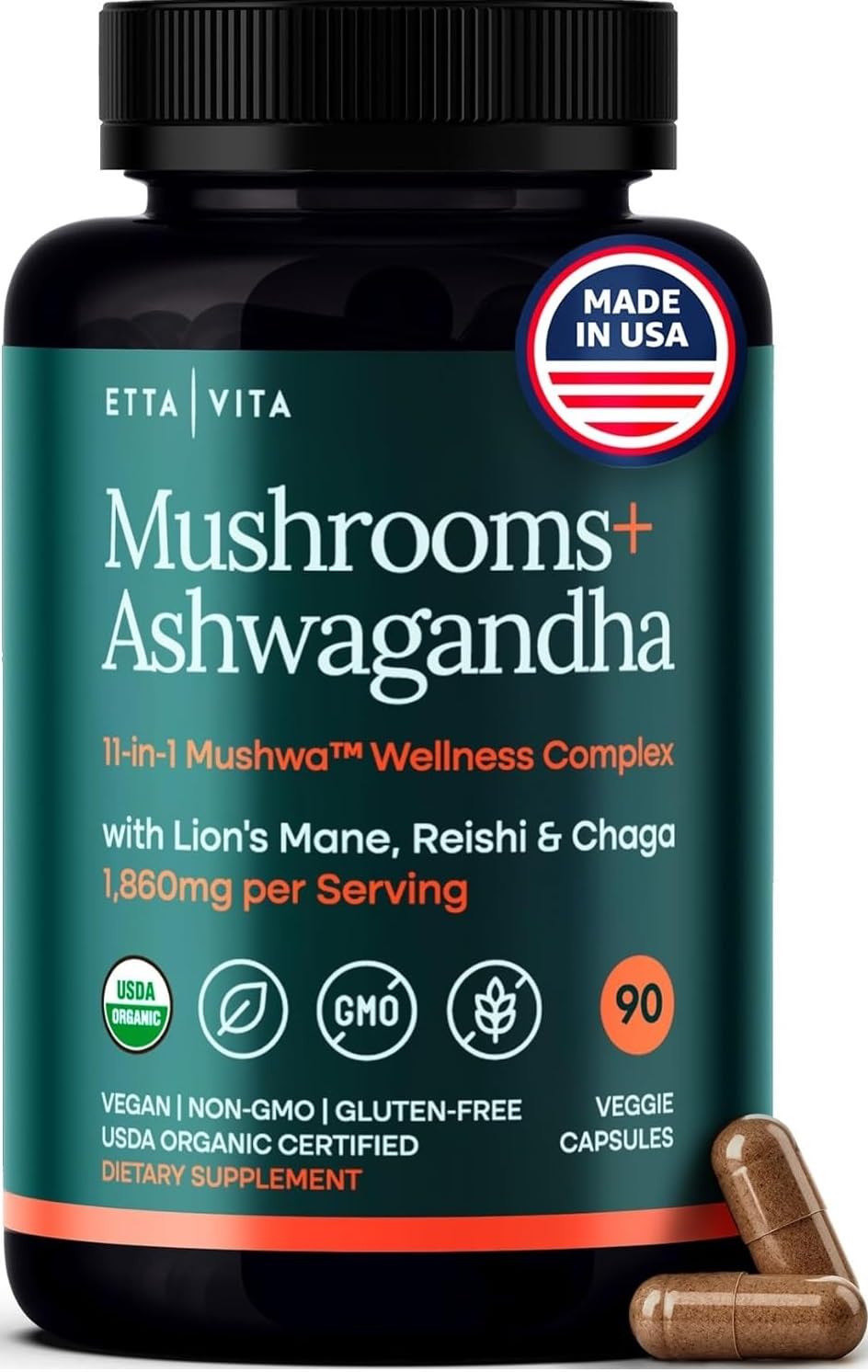 USDA Organic Lions Mane Supplement Capsules with Ashwagandha, Chaga, Reishi, Cordyceps, Turkey Tail (18,600mg/serv) 10x Adaptogenic Mushroom Complex as Focus Supplement - Energy, Immunity & Nootropic Etta Vita uk supplements
