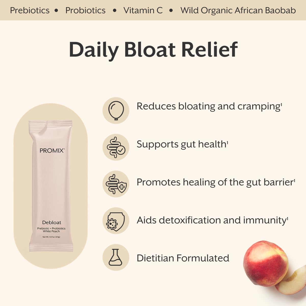 ProMix Nutrition Debloat Prebiotics and Probiotics, Bloating Relief for Women, Gut Cleanse Detox for Men and Immune Support - White Peach - 30 Servings (Pack of 30) ProMix Nutrition uk supplements