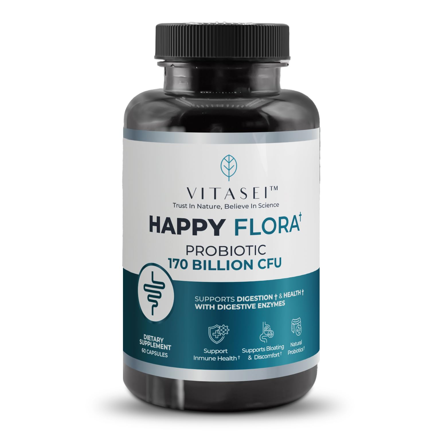 VITASEI Happy Flora, Probiotic Supplement 170 Billion CFU for a Healthy Gut Health with enzymes for Digestion, probiotics for Women and Men, 1 Bottle - 60 Capsules VITASEI uk supplements