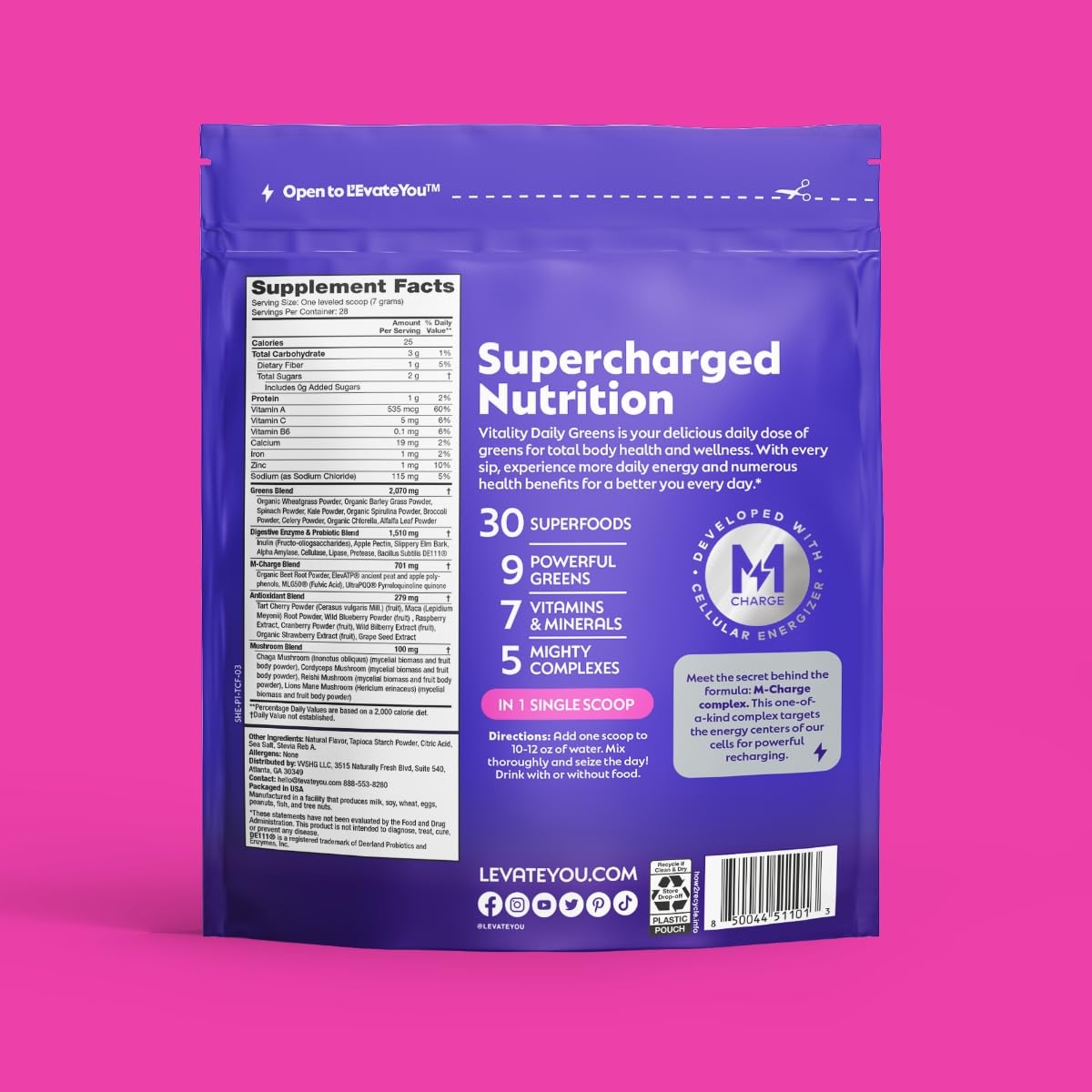 L'Evate You Vitality Daily Greens Powder (28 Servings) 30 Superfoods, 9 Greens - for a Cellular Energy Boost, Powered by M-Charge Complex for All Day Energy (Tart Cherry) Steve Harvey's L'Evate You uk supplements