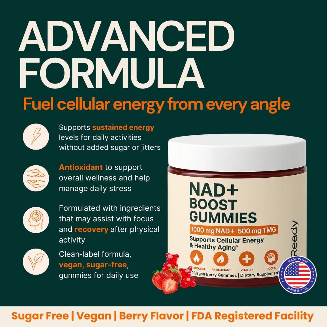 b.Ready NAD+ Gummies, Premium 1000 mg NAD Supplement with 500 mg TMG, Grape Seed & Black Pepper Extract – NAD+ for Healthy Aging, Cellular Energy & Antioxidant Support, Vegan, Sugar-Free, 60 Count b.Ready uk supplements