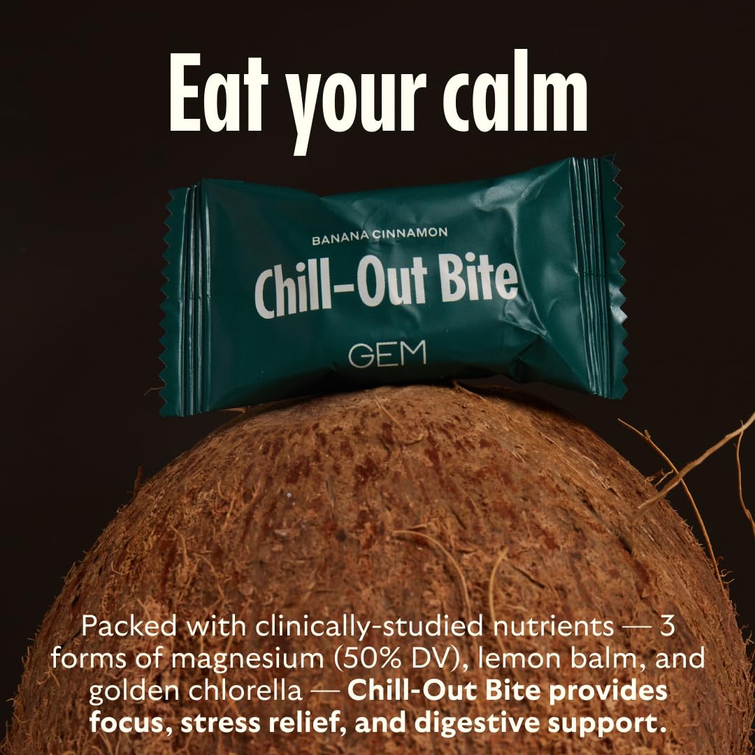 GEM Calm Bite | Supports Calm Mind & Clarity | Magnesium L-Threonate, Golden Chlorella, Lemon Balm | Holistic Non-Habit Forming | Gluten Free, Soy Free, Banana Cinnamon (7 Count) GEM uk supplements