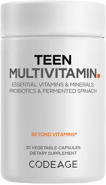 Codeage Teen Multivitamin - Vitamins A, C, D3, B6, B12, Folate, Zinc, Magnesium, Iron, Probiotics, Fermented Spinach - Multivitamins for Teenage Boys and Girls - Non-GMO, Gluten-Free - 30 Capsules Codeage uk supplements