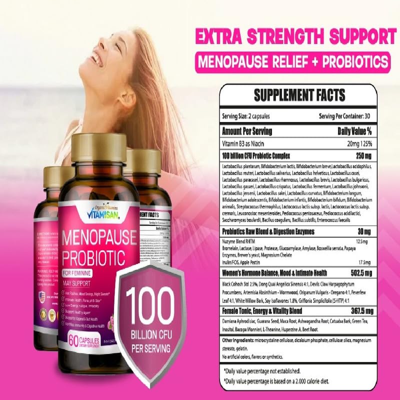 Menopause Support for Women – Hormone-Free Prebiotics & Probiotics 100 Billion CFU with Black Cohosh & Ashwagandha | Feminine Care, pH Balance, Vaginal Health, Hot Flashes, Night Sweats & Mood Swings VITAMISAN uk supplements