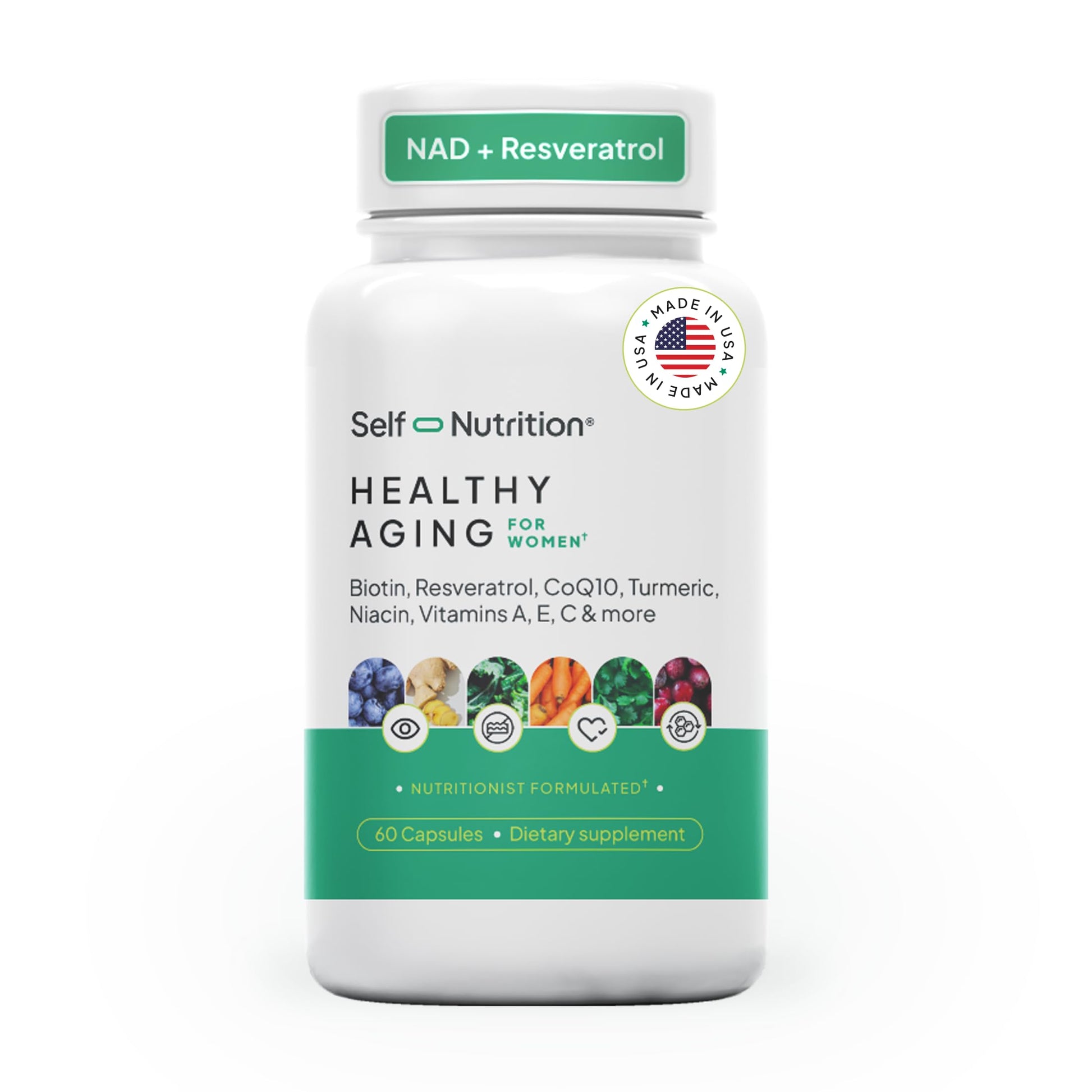 SELF NUTRITION NAD+ Resveratrol Supplement for Women – Healthy Aging Formula with CoQ10, Biotin, Turmeric & Vitamins A, C, E – Supports Energy, Skin & Longevity – 60 Capsules. Made in USA. SELF NUTRITION uk supplements