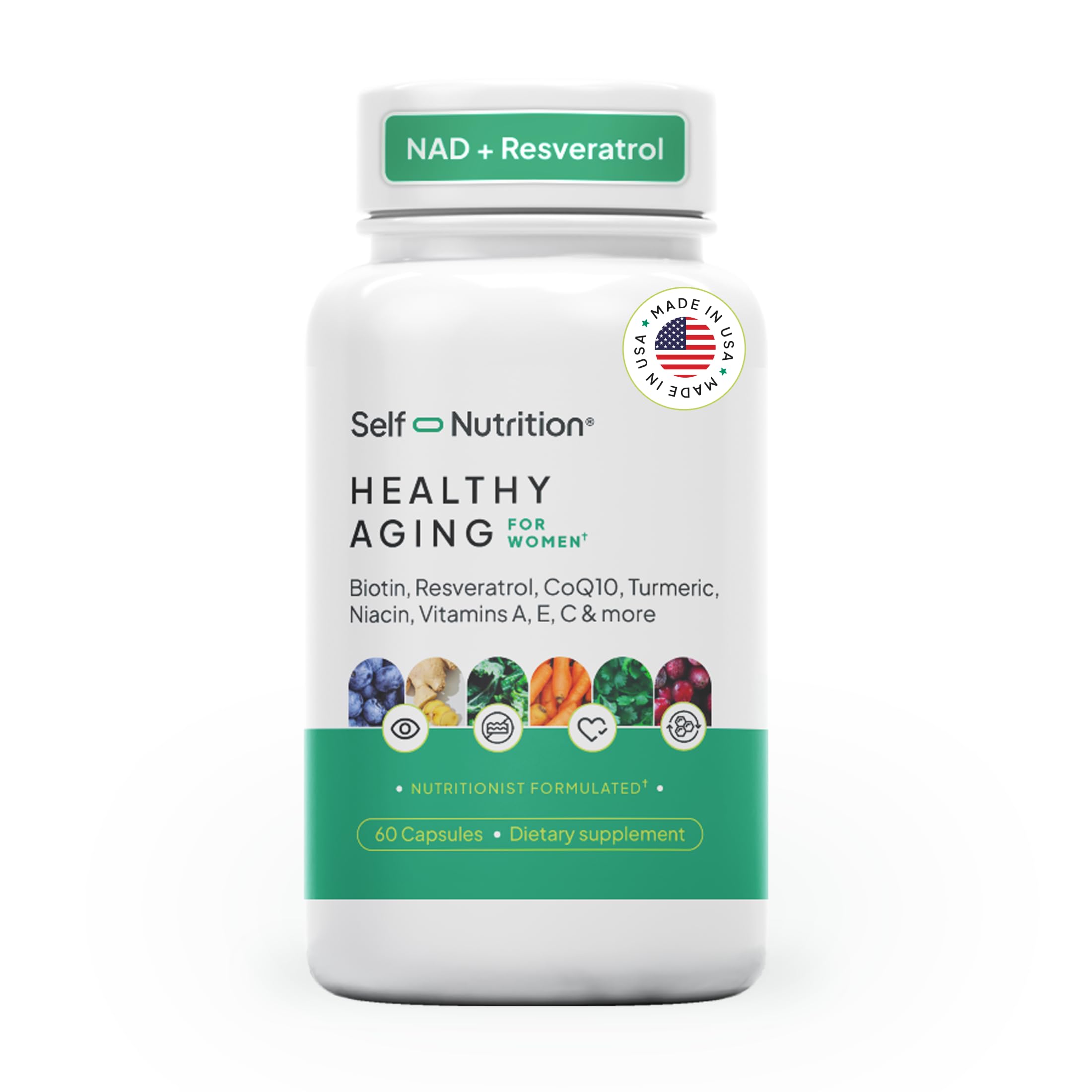 SELF NUTRITION NAD+ Resveratrol Supplement for Women – Healthy Aging Formula with CoQ10, Biotin, Turmeric & Vitamins A, C, E – Supports Energy, Skin & Longevity – 60 Capsules. Made in USA. SELF NUTRITION uk supplements