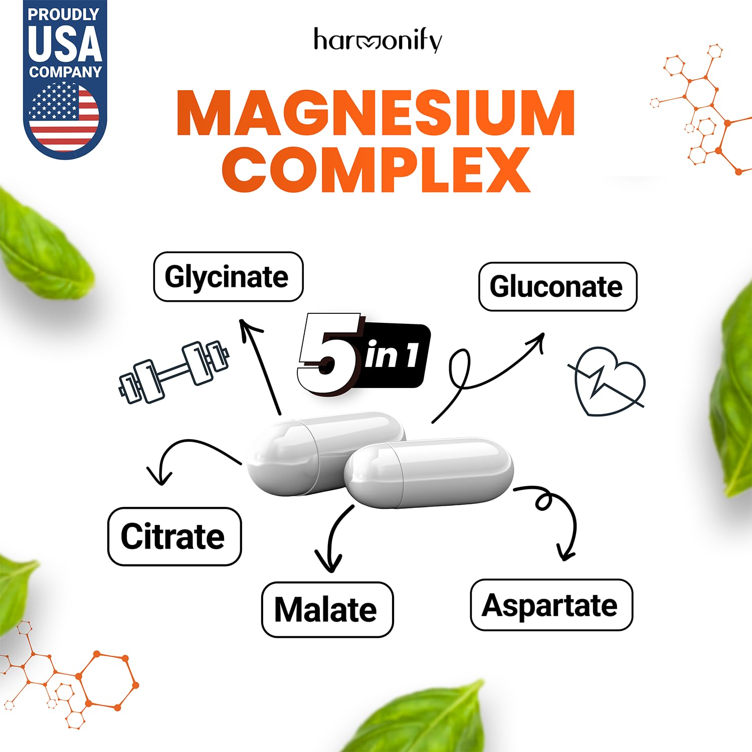 HARMONIFY Magnesium Glycinate Citrate Malate Aspartate Gluconate, 5 in 1 Formula, 120 Purified Veggie Capsule, 1000 mg, Gluten Free, Non-GMO, 60 Days Serving HARMONIFY uk supplements