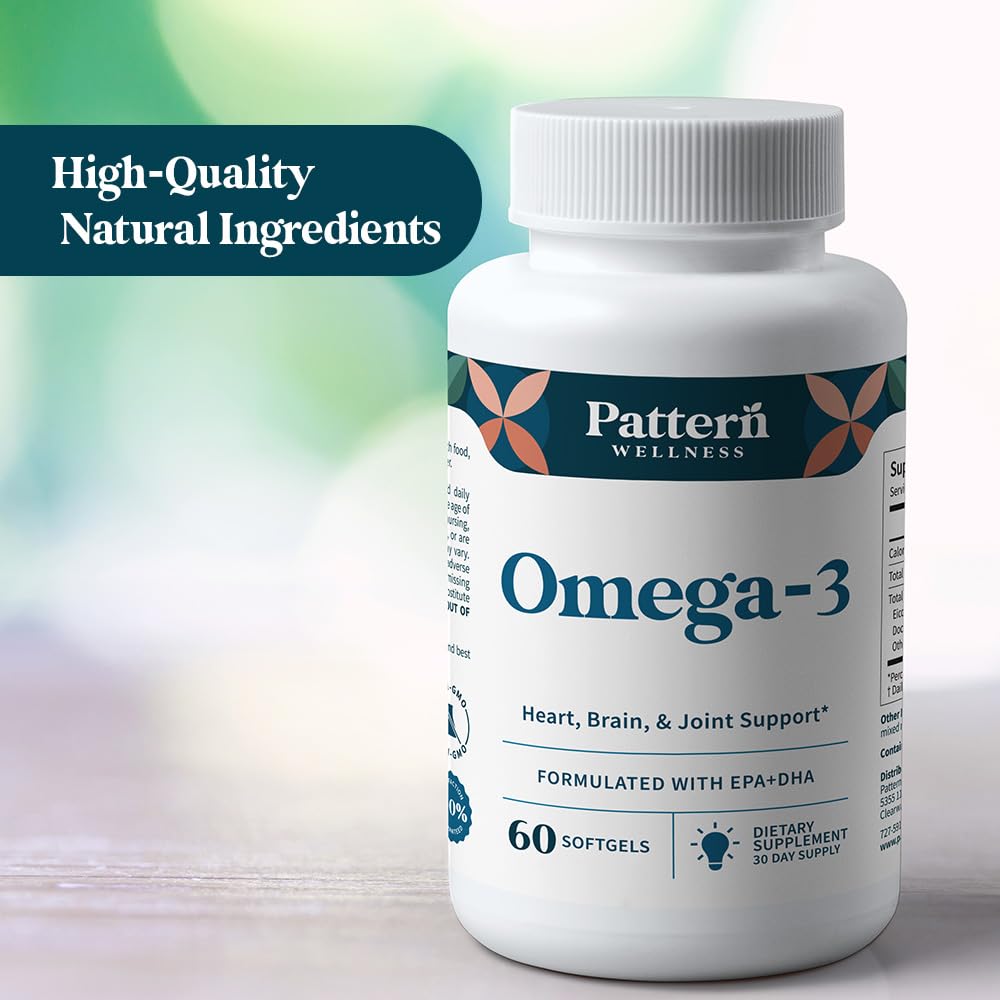 Pattern Wellness Omega 3 Softgels - Pure Fish Oil Formula - Helps Maintain Brain, Heart & Joint Health - 3rd Party Lab Tested - Non-GMO, Dairy-Free, Gluten-Free - 60 Softgels Pattern Wellness uk supplements