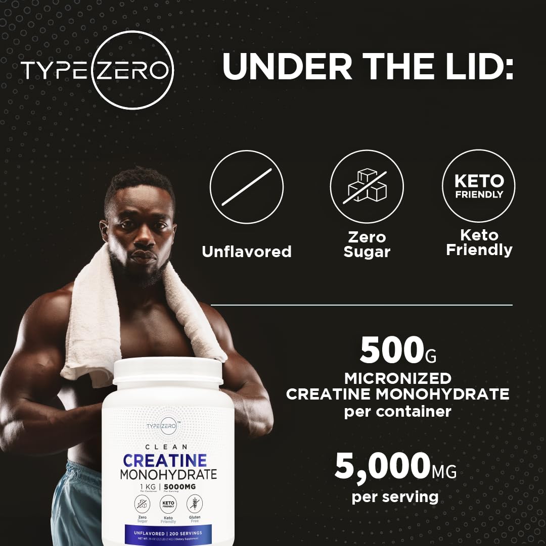 Type Zero Creatine Monohydrate (Unflavored) 1 KG, 5000mg (5g) Per Serving, Micronized, Zero Sugar, Keto Friendly & Gluten Free, 200 Servings Type Zero uk supplements