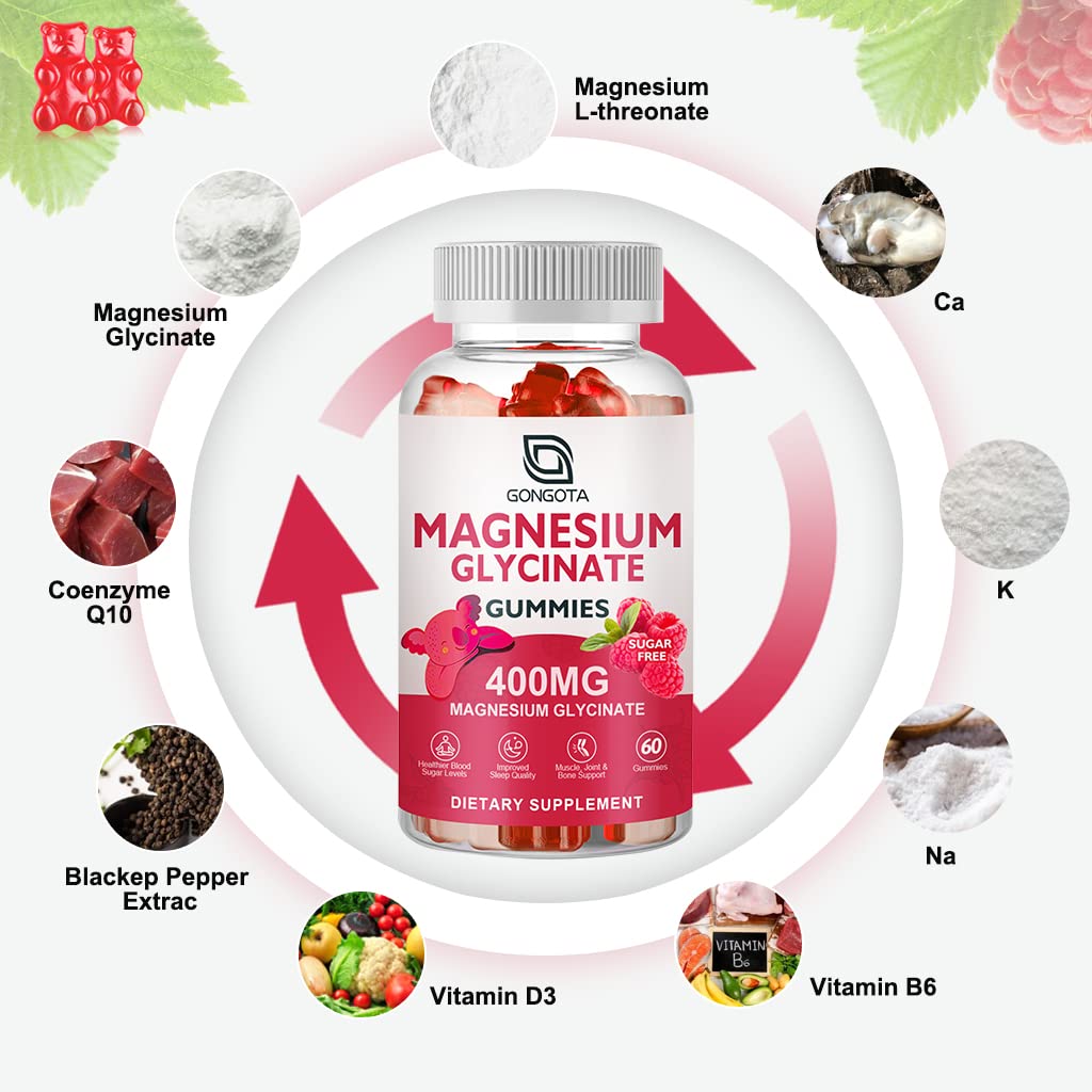 Magnesium Glycinate Gummies 400 mg with 100 mg Composite magnesium - Chelated Magnesium Potassium Supplement with Vitamin D, B6 Supports Calm, Sleep, Memory & Muscle Cramps,Sugar Free - 120 Gummies GONGOTA uk supplements