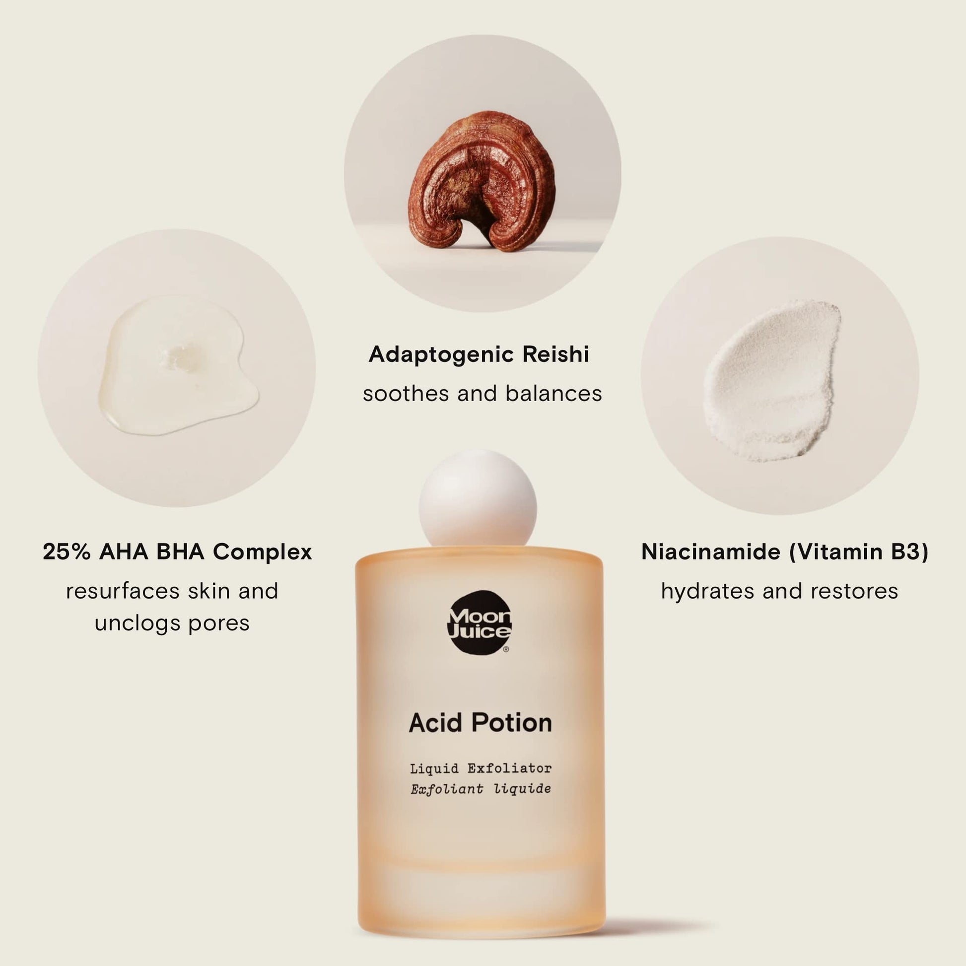 Moon Juice Acid Potion Liquid Face Exfoliator - 25% AHA BHA Exfoliant with Reishi + Niacinamide - Helps Resurface Skin, Unclog Pores, & Stimulate Collagen - Hydrates & Soothes Skin (3.3 Fl oz) Moon Juice uk supplements