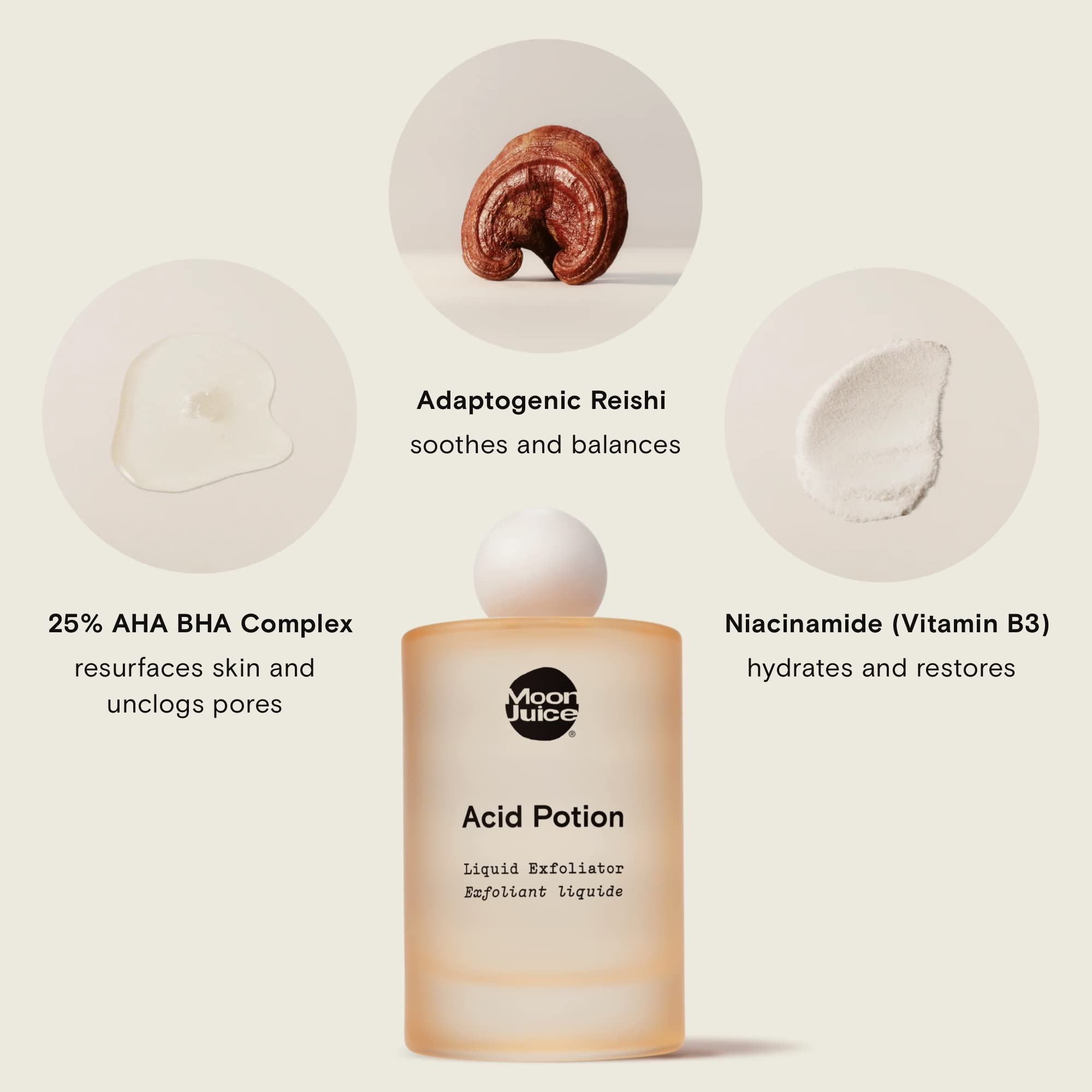 Moon Juice Acid Potion Liquid Face Exfoliator - 25% AHA BHA Exfoliant with Reishi + Niacinamide - Helps Resurface Skin, Unclog Pores, & Stimulate Collagen - Hydrates & Soothes Skin (3.3 Fl oz) Moon Juice uk supplements