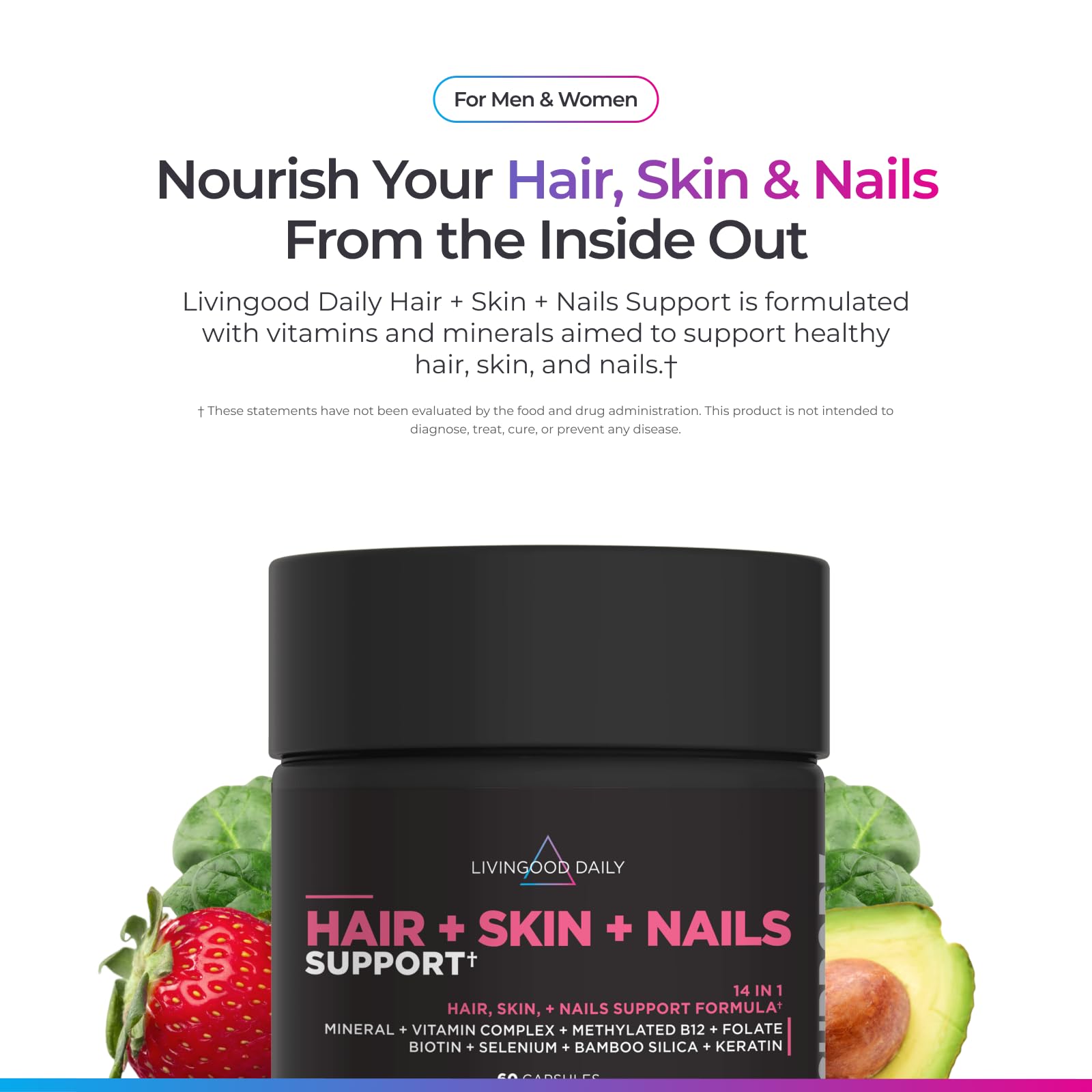 Livingood Daily Hair, Skin & Nails Supplement, 14-in-1 Formula with Biotin, Collagen, Keratin, Bamboo, Selenium, Folate, B12, Zinc and More, Beauty Supplement for Women & Men, Gluten Free, 60 Capsules Livingood Daily uk supplements