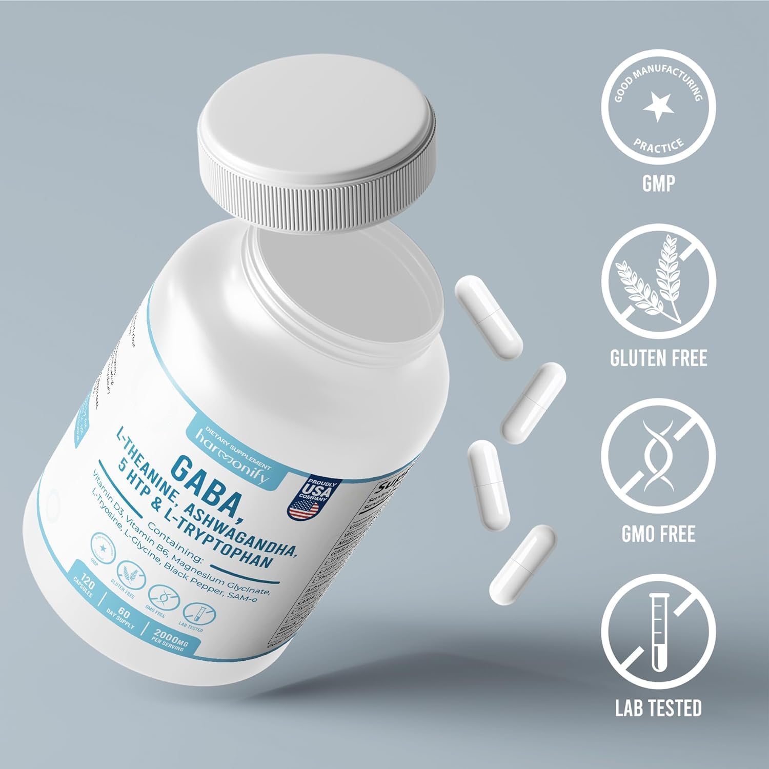 HARMONIFY GABA L-Theanine Supplements with Magnesium Glycinate, Ashwagandha, Same, 5-HTP and L-Tryptophan, 12 in 1 Supplements, 120 Capsules, 2000 mg HARMONIFY uk supplements