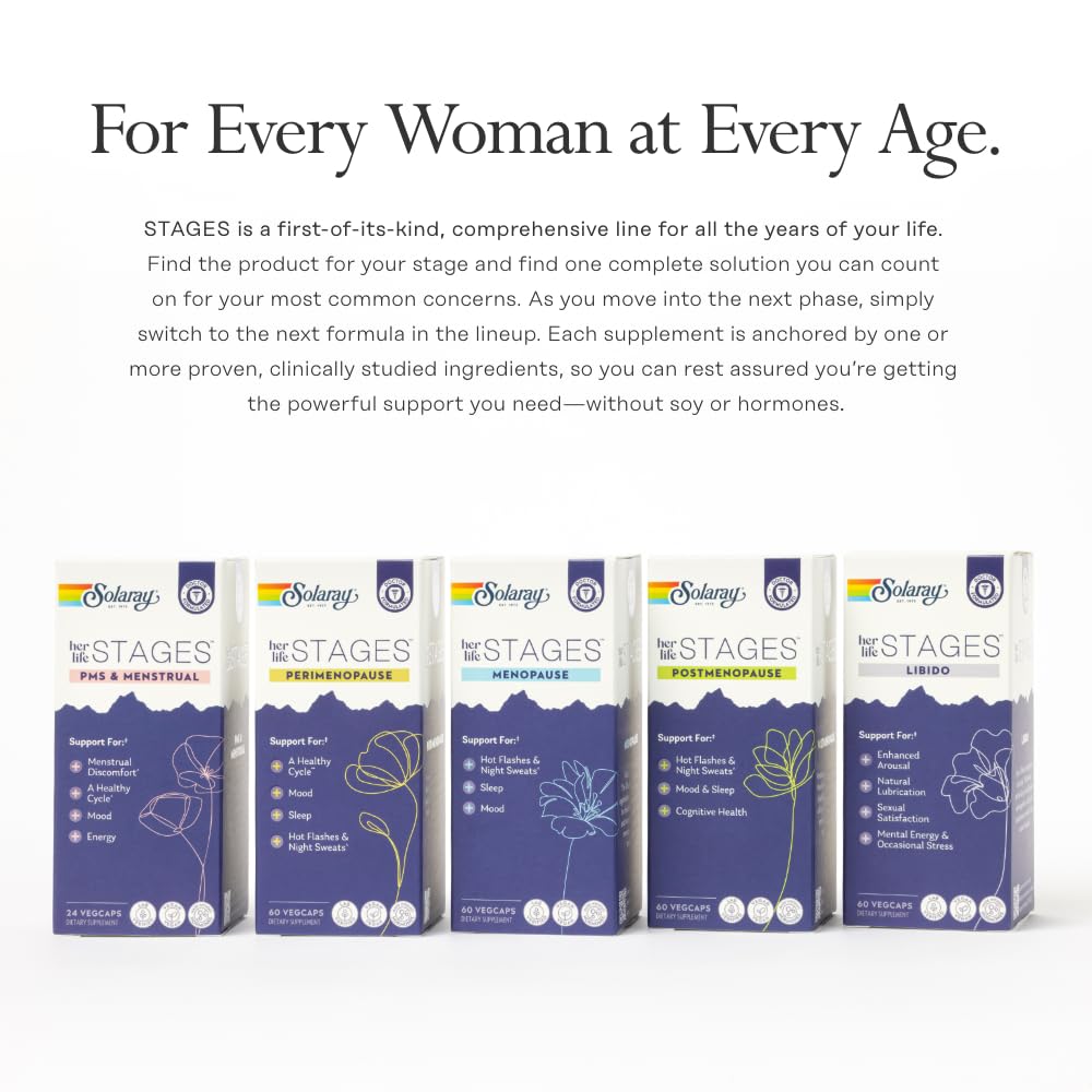 SOLARAY Postmenopause her Life Stages - Post Menopause Supplements for Women with Resveratrol - Vegan and Made Without Hormones - 60-Day Guarantee - Vegan, Lab Verified - 30 Servings, 60 VegCaps SOLARAY uk supplements