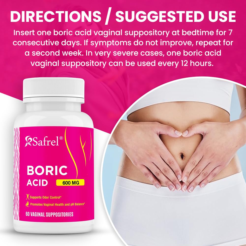 Safrel Boric Acid Vaginal Suppositories - 60 Count (1-Pack) – 100% Pure USA-Made, Supports Intimate Safrel uk supplements