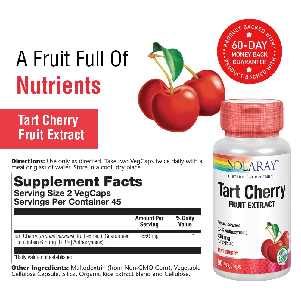 Solaray Tart Cherry Fruit Extract 850 mg - Tart Cherry Supplement with Antioxidants, Fruit Juice Extract with Flavonoids - 90 VegCaps SOLARAY uk supplements