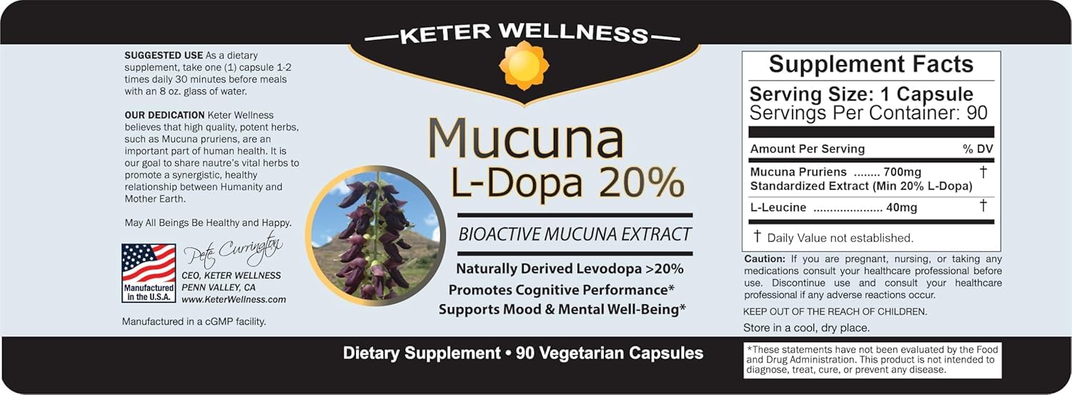 Mucuna Pruriens 20% L-Dopa – Standardized Velvet Bean Extract for Natural Dopamine, Focus & Mood Support – Pure 8:1 Concentrated Herbal Supplement – Vegan, Non-GMO, 90 Capsules Keter Wellness uk supplements