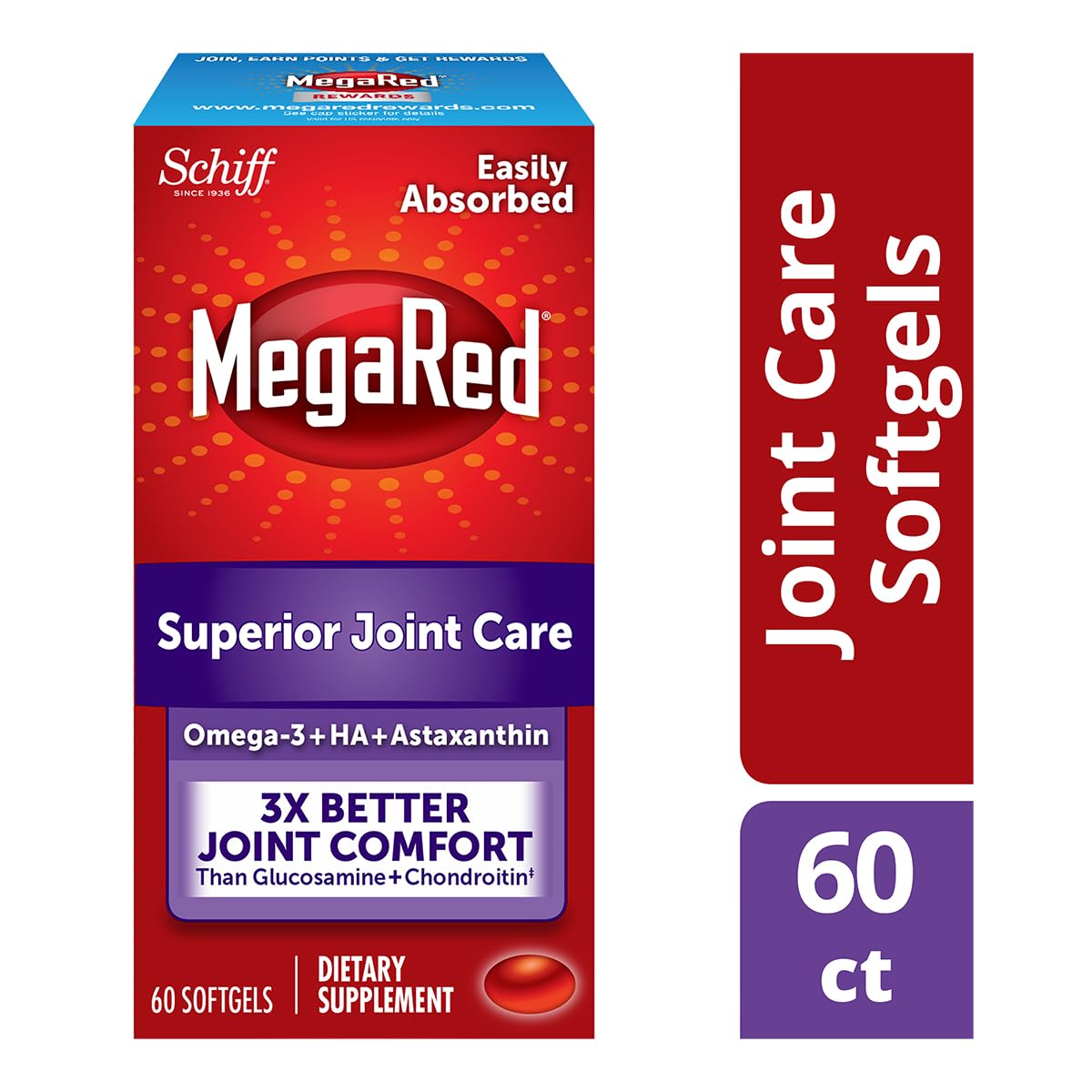 Omega-3 Krill Oil and Joint Supplement - Megared Joint Care 60 softgels - EPA/DHA fatty acids, Antioxidants, Hyaluronic acid, No fishy burp aftertaste as with Fish Oil MegaRed uk supplements