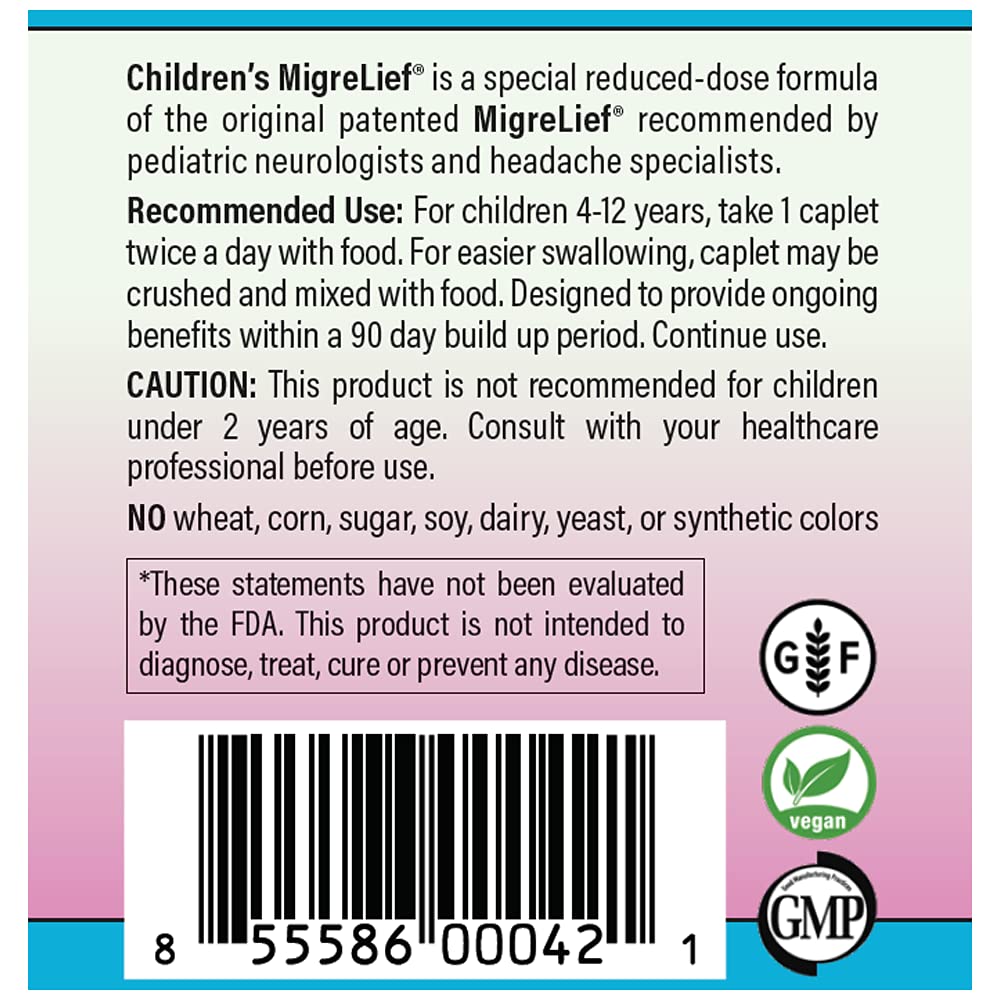 Children's MigreLief® - Triple Therapy with Puracol™ - Nutritional Support for Pediatric Migraine Sufferers - 60 Caplets/1 Month Supply MigreLief uk supplements