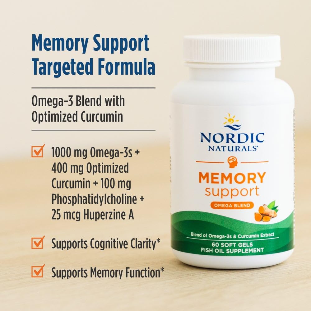 Nordic Naturals Memory Support with Curcumin - 60 Soft Gels - 1000 mg Omega-3 + 400 mg Optimized Curcumin - Memory, Cognition - Contains Phosphatidylcholine & Huperzine A - Non-GMO - 30 Servings Nordic Naturals uk supplements