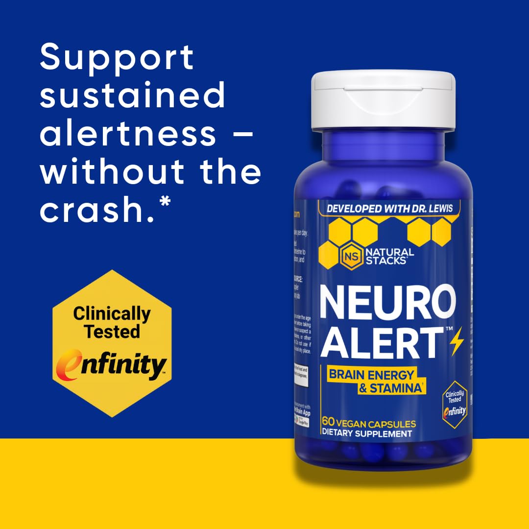NATURAL STACKS NeuroAlert - 200mg Paraxanthine Energy Supplement - Caffeine Free Focus w/ 500mg L-Tyrosine & 100mg L-Theanine - 10mg NADH for Cellular Energy Support - 60 Paraxanthine Capsules NATURAL STACKS uk supplements