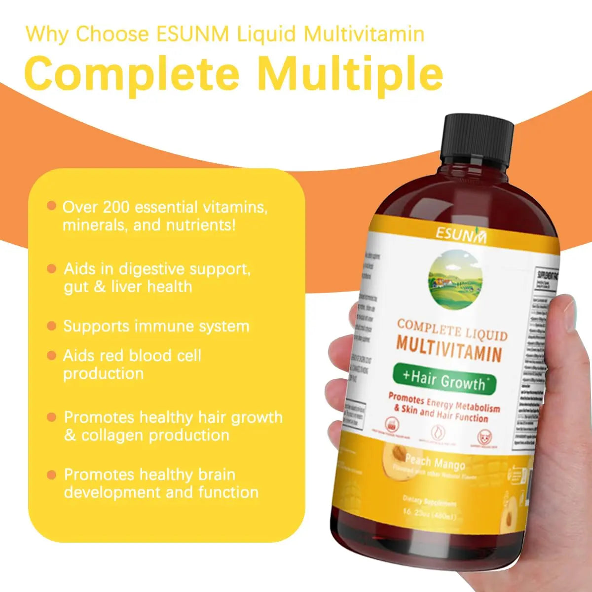 ESUNM Complete Liquid Multivitamin + Hair Growth, Promotes Energy Metabolism& Skin and Hair Function| Vitamin C D | B Vitamins | ESUNM uk supplements