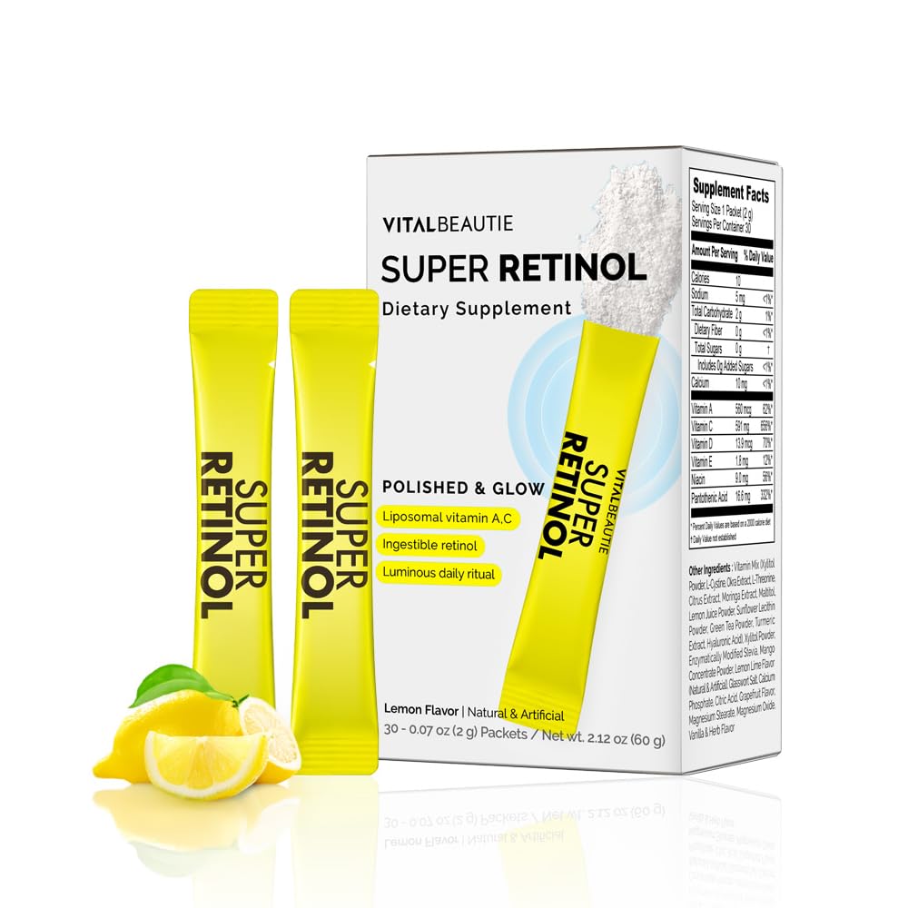 VITALBEAUTIE Super Retinol - Ingestible Liposomal Retinol & Vitamin C 1000mg Powder - Vegan K-Beauty Skin Supplement for Radiant Glass Skin & Tone, Dark Spot Care, 30 Packets VITALBEAUTIE uk supplements